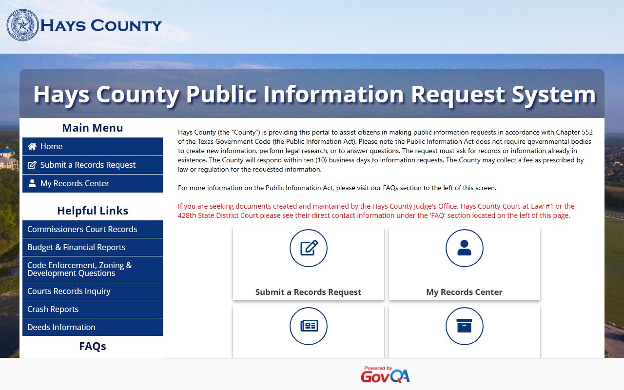 Hays County inmate records GovQA public information portal