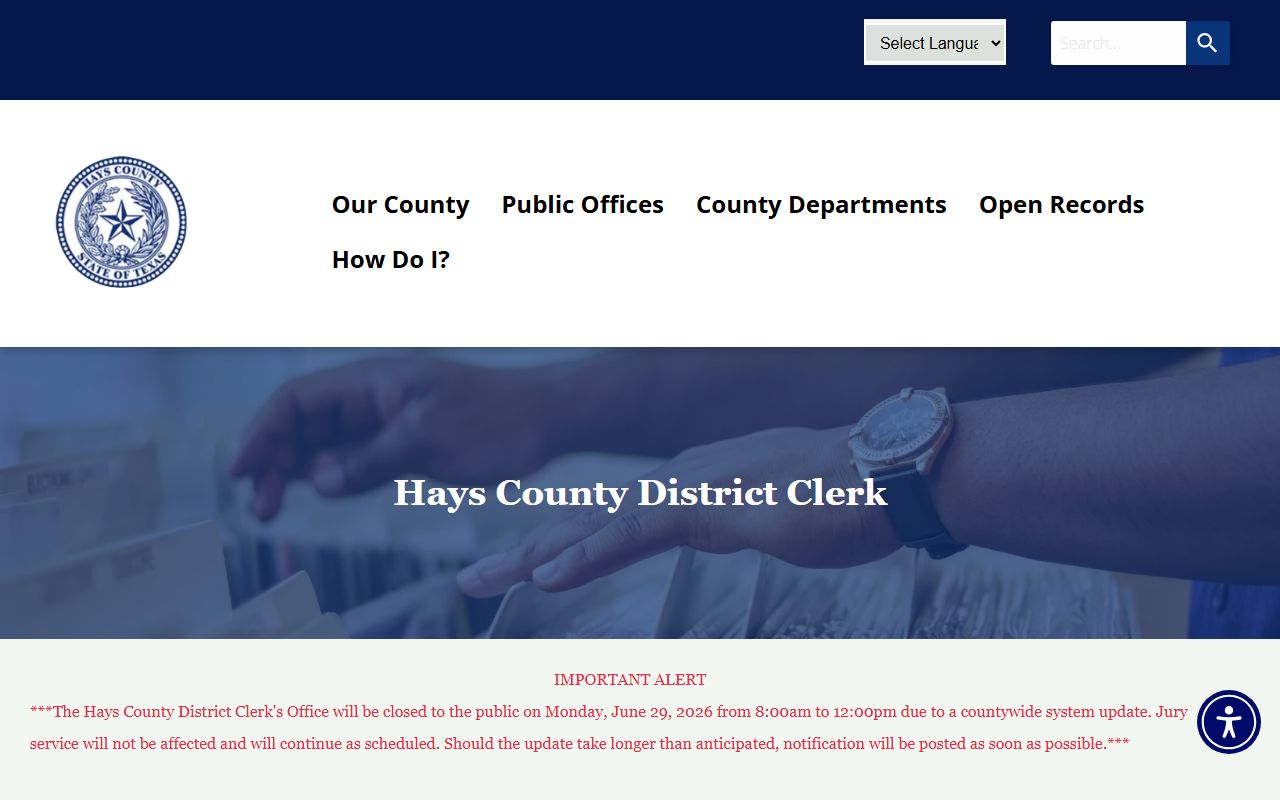 Hays County court records after arrest District Clerk page
